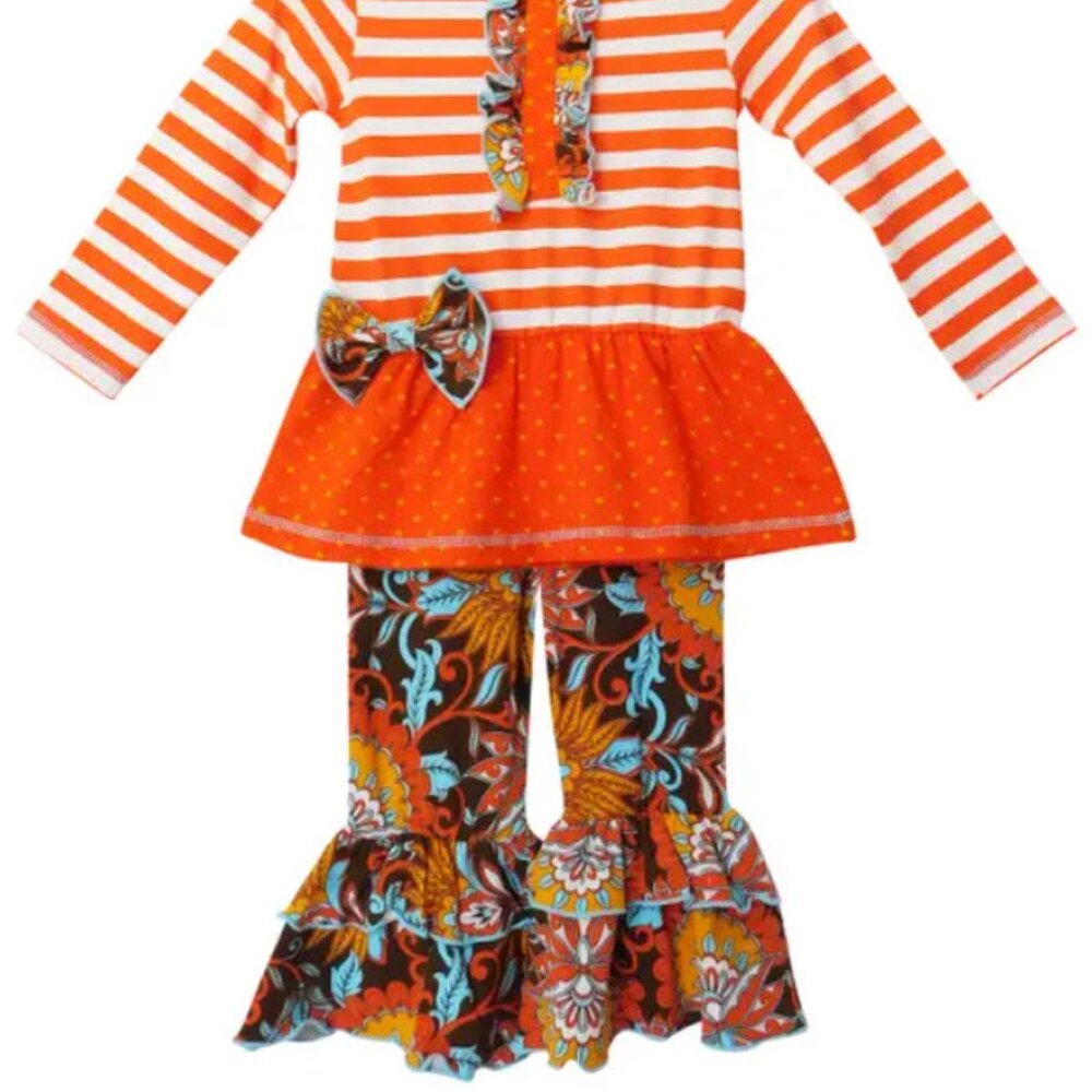 Girls “Goldie” Autumn Floral & Stripes Outfit